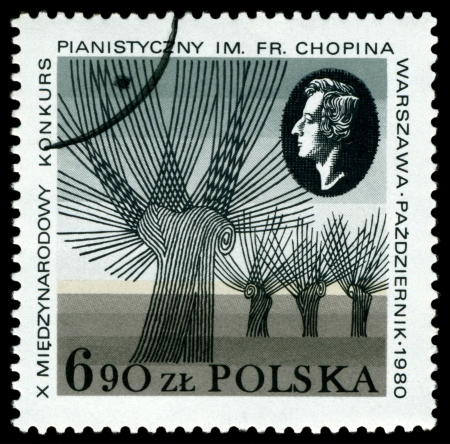 POLAND - CIRCA 1980: A Stamp printed in  Poland shows portrait  Frederic  Chopin   - the great poland composer, Chopin  Piano Competition, Warsaw, circa 1980のeditorial素材