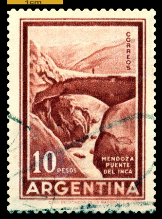 ARGENTINA - CIRCA 1959: A stamp printed in the Argentina shows Mountain Landscape, Inca  Bridge. Mendoza, circa 1959のeditorial素材