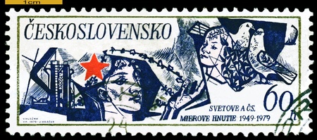 CZECHOSLOVAKIA - CIRCA 1979: a stamp printed by Czechoslovakia  shows  Dove, Red Star, Man , circa 1979.のeditorial素材