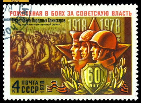 USSR- CIRCA 1978: a stamp printed by USSR, shows  Soldiers Leaving for the Front. 60th anniversary to Red Army, circa1978のeditorial素材
