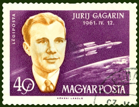 Hungary  - CIRCA 1961: a stamp printed by  Hungary  shows the first  cosmonaut  Jury Gagarin, circa...