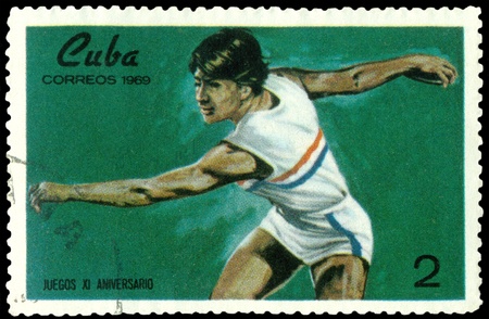 CUBA- CIRCA 1969: a stamp printed by  Cuba, shows discus thrower , circa 1969 の写真素材