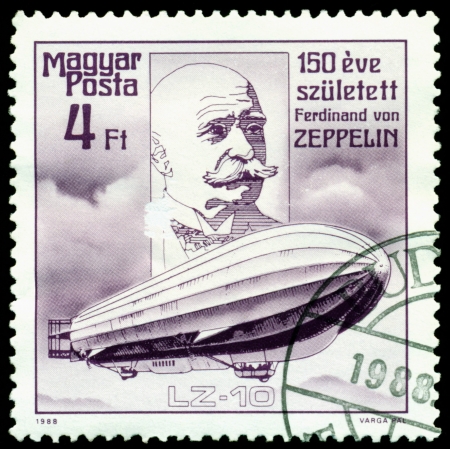 HUNGARY - CIRCA 1988: mark typed in Hungaries shows portrait of the  Ferdinand Von Zeppelin and his  airship LZ-10, series, cirka 1988のeditorial素材