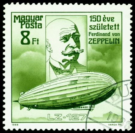 HUNGARY - CIRCA 1988: mark typed in Hungaries shows portrait of the  Ferdinand Von Zeppelin and his  airship LZ-127, series, cirka 1988のeditorial素材