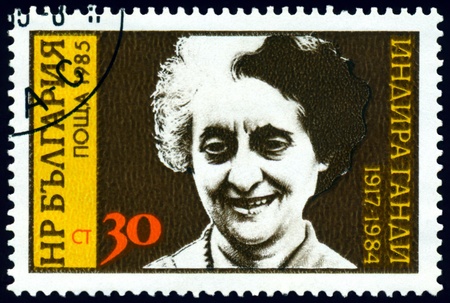 Bulgaria - CIRCA 1985: a stamp printed by Bulgaria, shows portrait Indira Gandhi, circa 1985のeditorial素材