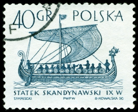 POLAND - CIRCA 1963: A post stamp printed in Poland and shows ancient scandinavian warship Viking, circa 1963のeditorial素材
