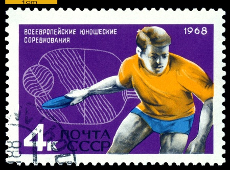 USSR - CIRCA 1968: a stamp printed by USSR shows  Table Tennis, European youth sports competitions, circa 1968のeditorial素材