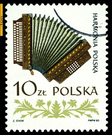 POLAND - CIRCA 1984: A Stamp printed by Poland shows  Accordion , series  Folk  instruments, circa 1984 の写真素材