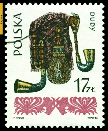 POLAND - CIRCA 1984: A Stamp printed by Poland shows  Bagpipes, series  Folk  instruments, circa 1984 の写真素材
