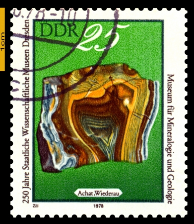 GERMANY- CIRCA 1978: stamp printed by Germany, shows mineral Agate from Wiederau, Dresden Museum of Natural Yistory, 250th anniversary, circa 1978.のeditorial素材