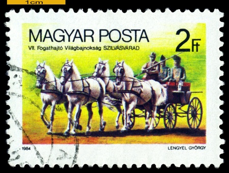 HUNGARY -CIRCA 1984: a stamp printed by Hungary shows  Horse-drawn Chariot, World Championship, Czilvasvarad, circa 1984
のeditorial素材