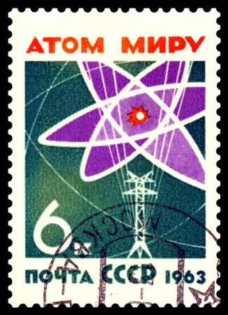 Russia - CIRCA 1963: A Stamp printed in the Russia shows  Atom diagram and power line. , circa 1963の写真素材