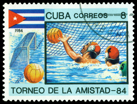 CUBA- CIRCA 1984  a stamp printed by  Cuba, shows play Water polo, Friendship Games, Havana, circa 1984のeditorial素材