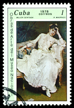 Cuba - CIRCA 1978  a stamp printed by Cuba  shows a picture of artist   R  Mandrazo,  Seated Womanl   Paintings in the National Museum of Art,  circa 1978のeditorial素材