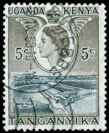 Uganda - Kenya - Tanganyika ï¿½ CIRCA 1954  A stamp printed in Uganda - Kenya - Tanganyika shows Elizabeth II ï¿½ Queen Great Britain, circa 1954の写真素材