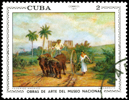  Cuba - CIRCA 1971  a stamp printed by Cuba  shows a picture of artist  Federico  Americo   La Carreta , circa 1971の写真素材