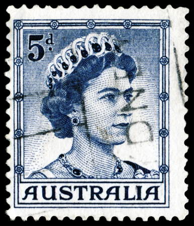 Australia ï¿½ CIRCA 1950s  A stamp printed in Australia shows Elizabeth II ï¿½ Queen Great Britain, circa 1950sのeditorial素材