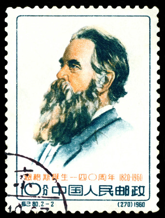 ?HINA - CIRCA 1960: A stamp printed in China shows portrait  F. Engels, circa 1960のeditorial素材