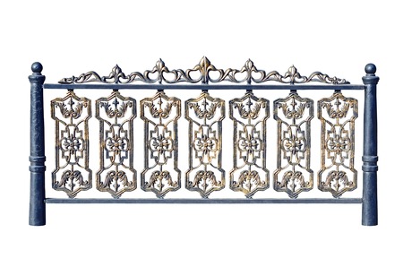Old fence with cast components. Isolated over white background.の写真素材
