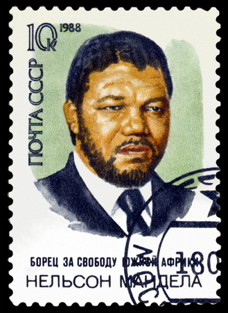 RUSSIA -CIRCA 1988: A Stamp printed by Russia,   shows portrait Nelson Mandela. South African anti-apartheid leadar, circa 1988の写真素材