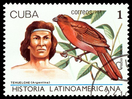 CUBA - CIRCA 1987: A stamp printed by Cuba, shows  Tehuelche Indian of Argentina and bird Habia rubica, Latin American History, series , circa 1987のeditorial素材