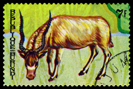 BURUNDI - CIRCA 1970 : A stamp printed by Burundi shows Animals Burundi, Addax,  map Burundi, circa 1970.のeditorial素材