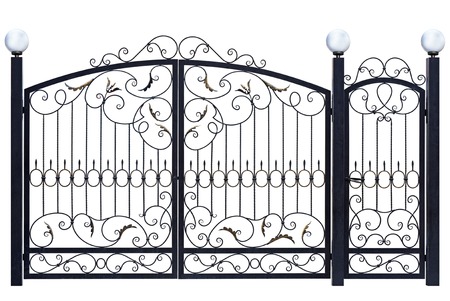 Decorative gate and door  in old  stiletto. Isolated over white background.の写真素材