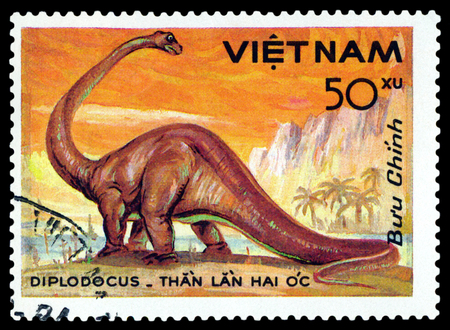 VIETNAM - CIRCA 1984: A stamp printed  in Vietnam  shows  dinosaur Diplodocus, series  Dinosaurs, circa 1984の写真素材