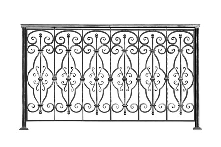 Decorative, forged  banisters, fence  in old  stiletto. Isolated over white background.の写真素材