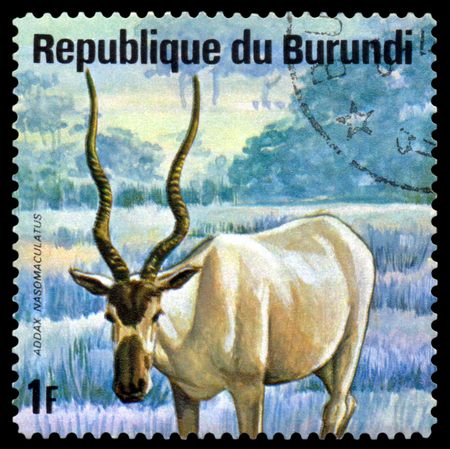 BURUNDI - CIRCA 1975: A stamp printed by Burundi shows Addax, Animals Burundi, circa 1975.のeditorial素材