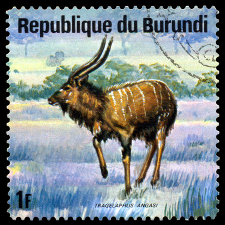 BURUNDI - CIRCA 1975: A stamp printed by Burundi shows Roan Antelope, Animals Burundi, circa 1975.のeditorial素材