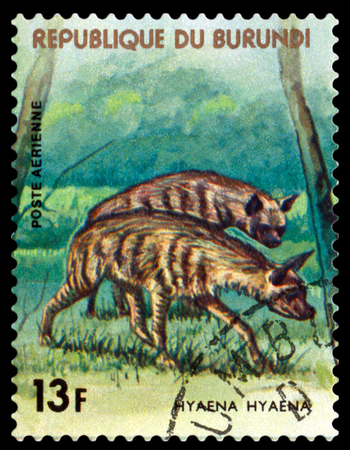 BURUNDI CIRCA 1977: A stamp printed by Burundi shows predator Hyena Animals Burundi circa 1977.のeditorial素材