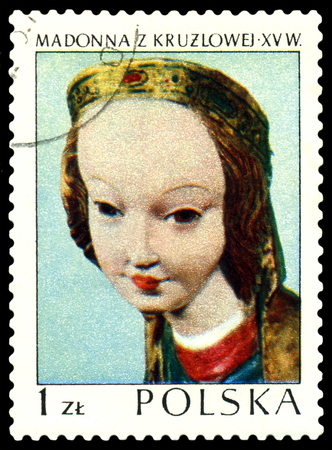 POLAND - CIRCA 1975: A stamp printed in POLAND shows  image sculpture of the Madonna XV century, from series, circa 1975のeditorial素材