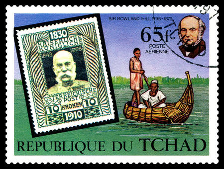 STAVROPOL, RUSSIA - APRIL 05, 2016: A Stamp printed in the Chad  shows  portrait  Sir Rowland Hill...