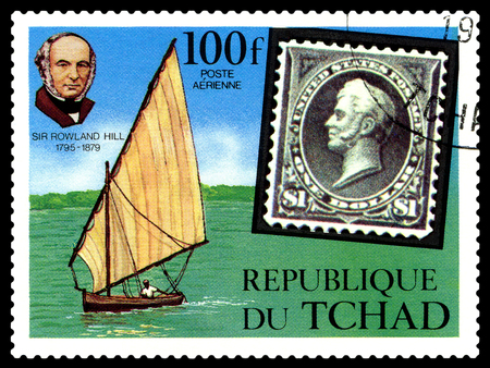 STAVROPOL, RUSSIA - APRIL 05, 2016: A Stamp printed in the Chad  shows  portrait  Sir Rowland Hill (1795 - 1879) was an English teacher, inventor and social reformer, circa 1979のeditorial素材