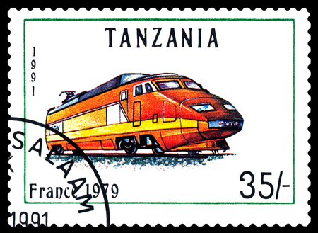 STAVROPOL, RUSSIA - APRIL 03, 2016: A Stamp printed in Tanzania shows  old locomotive,  France 1979,  circa 1991のeditorial素材