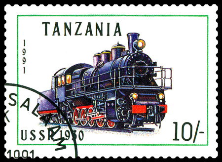STAVROPOL, RUSSIA - APRIL 03, 2016: A Stamp printed in Tanzania shows  old locomotive,   USSR 1930,  circa 1991のeditorial素材