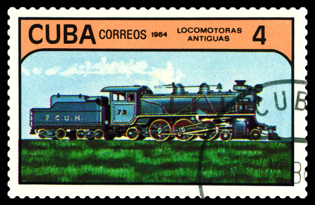STAVROPOL, RUSSIA - A Stamp printed in the  Cuba  shows  antique  locomotive, series, circa 1984の写真素材