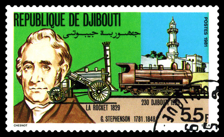STAVROPOL, RUSSIA - November 28, 2016: A Stamp printed in the Djibouti shows portrait G. Stephenson, circa 1981のeditorial素材