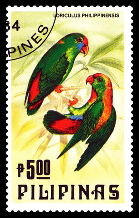 STAVROPOL, RUSSIA - December 11, 2016: A stamp printed by Philipines shows bird an Phalaenopsis Philippine a parrot (Loriculus Philippinensis), circa 1984のeditorial素材