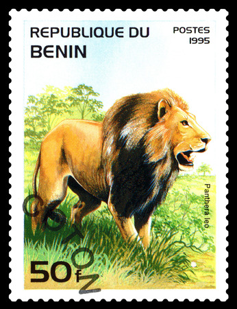 STAVROPOL, RUSSIA - January 09, 2017: A Stamp sheet printed in Benin shows Panthera Leo (Panther lion), circa 1995のeditorial素材