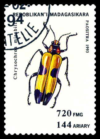 STAVROPOL, RUSSIA - May 23, 2017: a stamp printed in Malagasy Republic shows  Beetle  Chrysochroa mirabilis, series beetle, circa 1993のeditorial素材