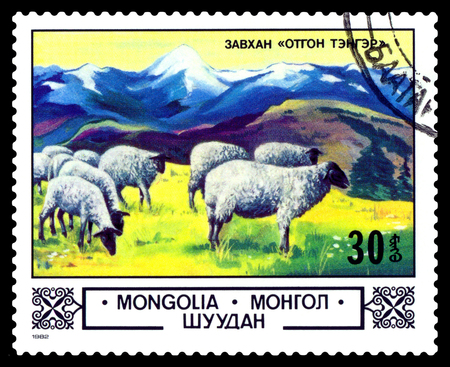 STAVROPOL, RUSSIA - July 17, 2017: A stamp printed in Mongolia shows a flock of sheep,  circa 1982のeditorial素材