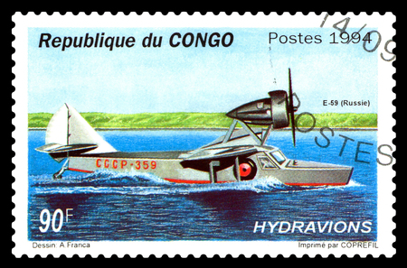 STAVROPOL, RUSSIA - October 23, 2017: A stamp printed by Congo shows old seaplane E-59, circa 1994