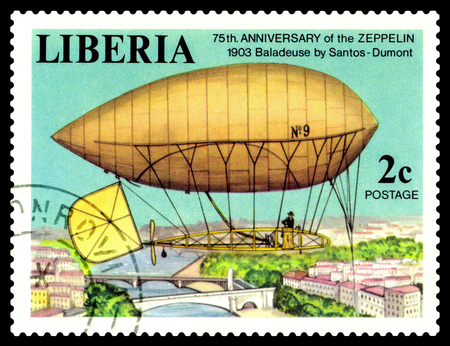 STAVROPOL, RUSSIA - JUNE 28, 2018: a stamp printed in Liberia, shows an  Dirigible Baladeuse by Santos-Dumont, 75th. anniversary of the Zeppelin, circa 1978のeditorial素材