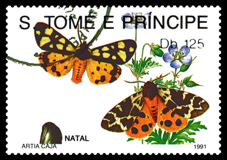 STAVROPOL, RUSSIA - April 24. 2019: A stamp printed in Sao Tome and Principe shows a butterfly Artia Caja from the series Butterfly, circa 1991.のeditorial素材