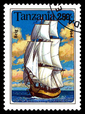 STAVROPOL, RUSSIA - May 05. 2020: A stamp printed in Tanzania shows  a ship, Brig, circa 1994のeditorial素材