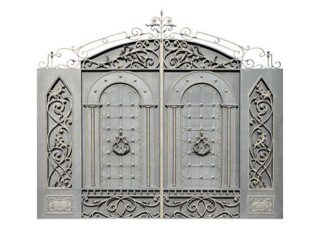 Gate with wrought iron decor. Isolated on white background.の写真素材