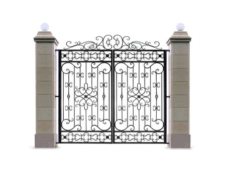 Gate with decorative columns. Isolated over white background.の写真素材