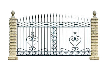 Forged fence with a post .. Isolated over white background.の写真素材